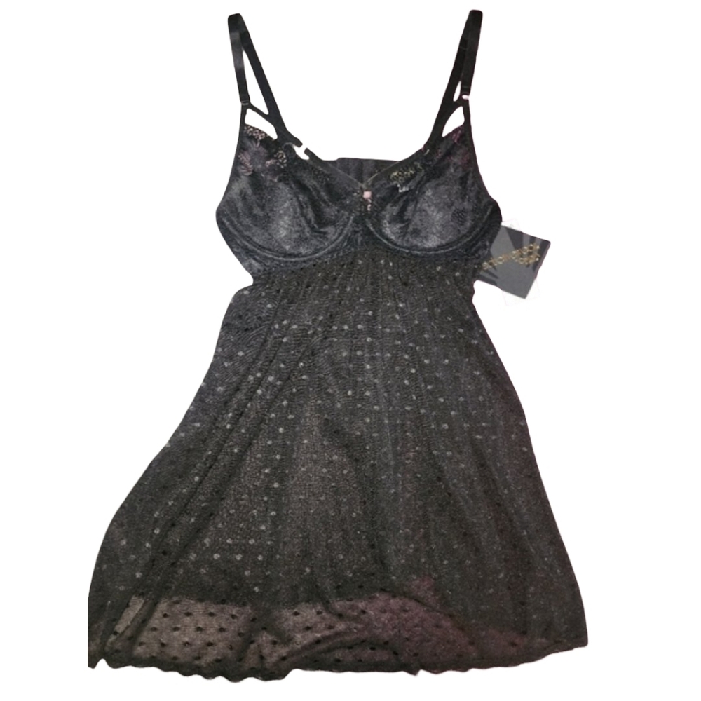 CINEMA ETOILE Black Mesh Coquette Babydoll Chemise Set Size Small NWT